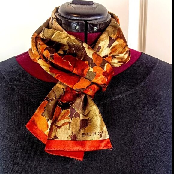 Echo Orange Green Brown Floral Silk Oblong Scarf - Picture 4 of 5